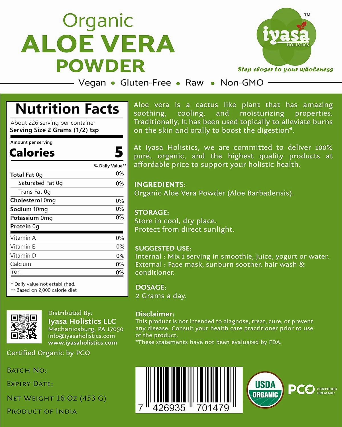 Organic Aloe Vera Leaf Powder, Bulk Pack of 16 oz/453 gram, Aloe Barbadensis, Herbal Cosmetics, Natural Hair & Skincare, Moisturizer, Superfood,Resealable Pouch