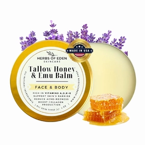 Organic Tallow Honey Emu Oil Balm Grass Fed Handmade Moisturizing Tallow For Face and Body for Eczema Rosacea Rashes All Ages All Skin Types Healing Hand Balm | Made in USA