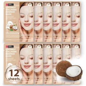 Original Derma Beauty Collagen Face Masks Skincare - 12 PK Ultra Moisturizing Coconut Face Mask Skin Care Sheet Masks Set for Beauty & Personal Care Korean Face Mask