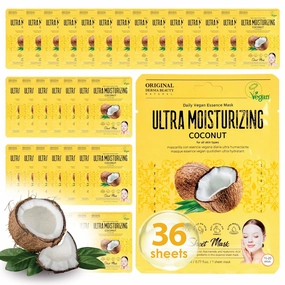 Original Derma Beauty Collagen Face Masks 36 PK Vegan Ultra Moisturizing Coconut Face Masks Skincare Sheet Masks Set for Beauty & Personal Care Korean Face Mask