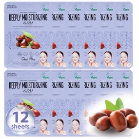 Original Derma Beauty Vegan Face Masks 12 PK Ultra Soothing Jojoba Oil Face Mask Skin Care Sheet Masks Set for Beauty & Personal Care Korean Face Mask