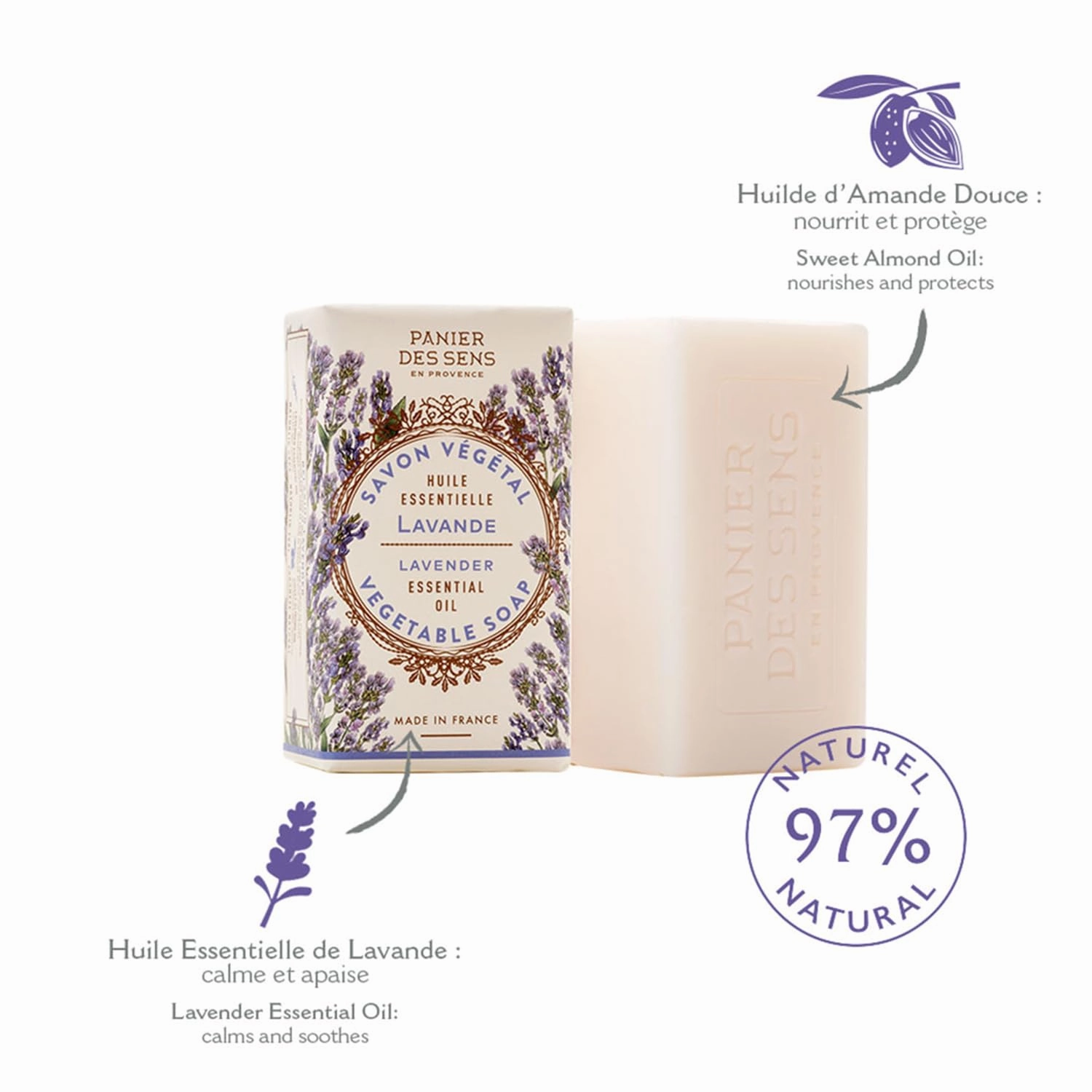Panier des Sens - Lavender Bar Soap - Moisturizing Gentle Scented Soap Bar - Natural Soap with Sweet Almond - 97% Natural Ingredients Made in France - Vegan Friendly - Body & Hand Soap Bars 2x5.3 oz