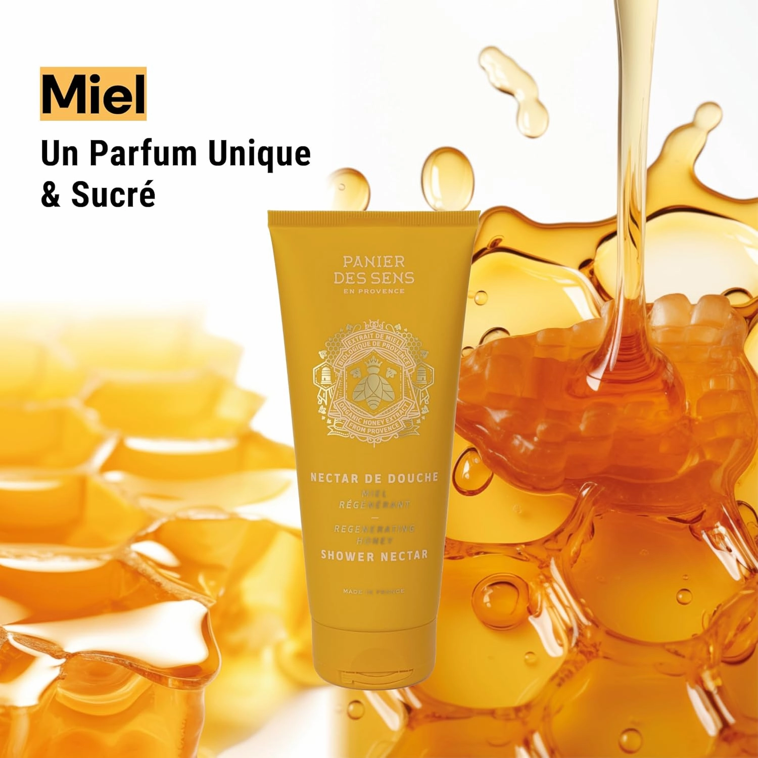 Panier des Sens - Shower Gel - Foaming Body Wash Women & Men - Moisturizing Body Soap with Glycerin, Olive Oil - 95% Natural Ingredients Body Care - Vegan Liquid Body Wash - 8,45 floz (Honey)