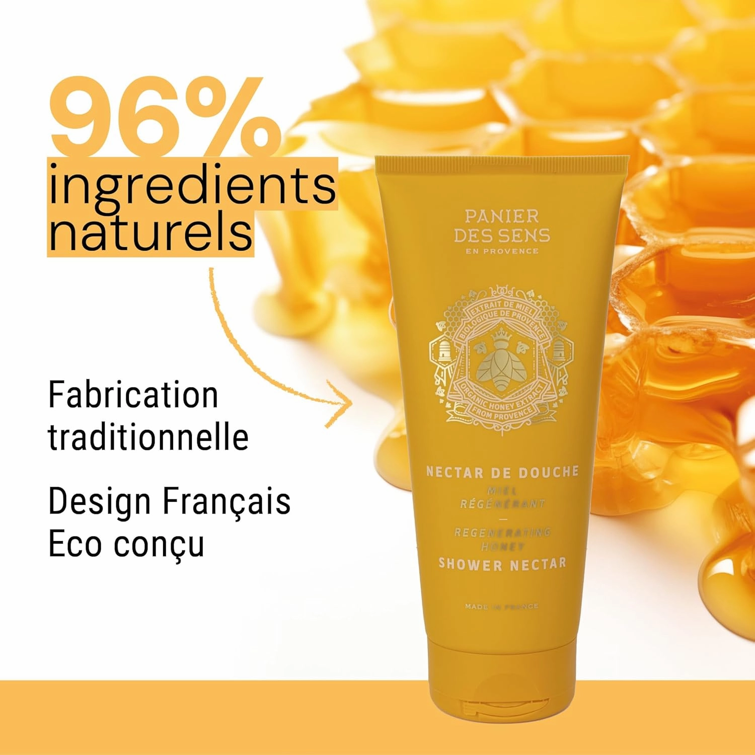 Panier des Sens - Shower Gel - Foaming Body Wash Women & Men - Moisturizing Body Soap with Glycerin, Olive Oil - 95% Natural Ingredients Body Care - Vegan Liquid Body Wash - 8,45 floz (Honey)