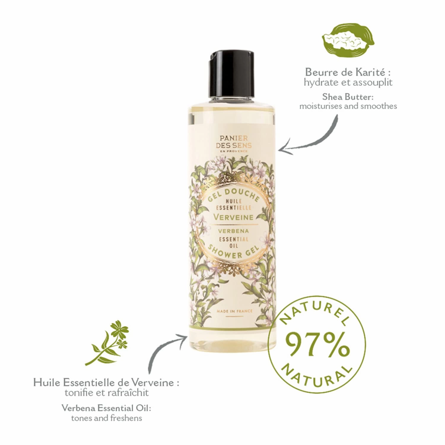 Panier des Sens – Verbena Shower Gel - Foaming Body Wash Women & Men - Moisturizing Body Soap with Shea Oil - 96% Natural Ingredients Body Care - Vegan Liquid Body Wash (8.45 Fl oz)