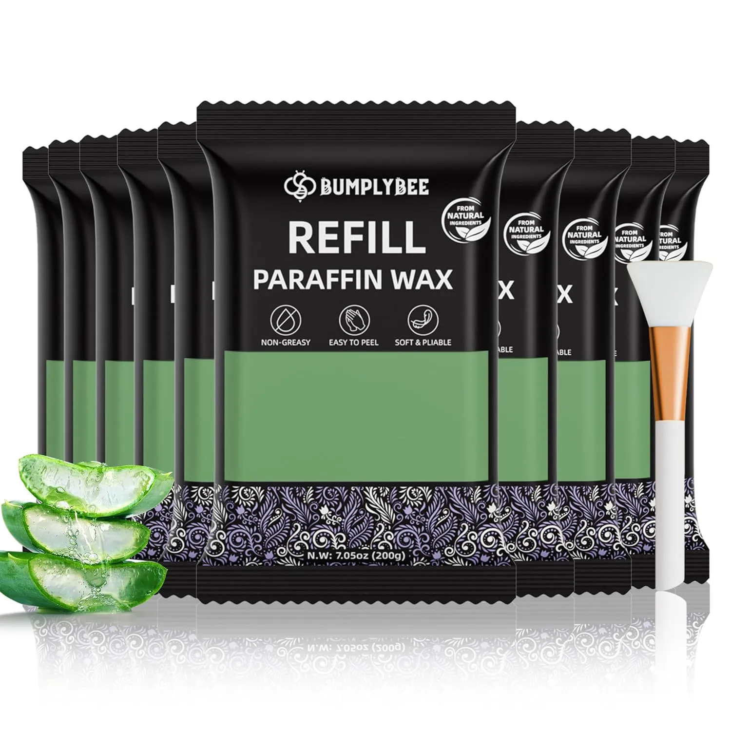 Paraffin Wax Kit - 10 Packs Aloe Vera Refills With Silicone Brush for Hands and Feet - Skin Moisturizing, Non-Greasy, Easy-Peeling