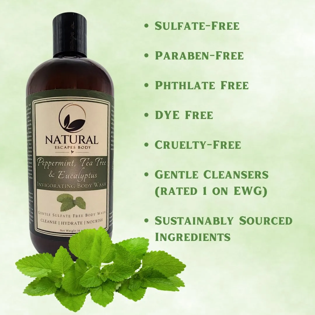 Peppermint, Tea Tree & Eucalyptus Hydrating Body Wash, Invigorating Sulfate-Free Shower Gel for Soft, Hydrated & Healthy Skin, Moisturizing & Gentle for Normal & Sensitive Skin 16 oz