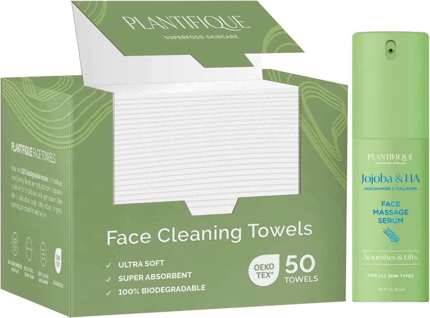 PLANTIFIQUE Korean Jojoba Oil & Hyaluronic Acid Face Massage Serum and Disposable Face Towels XL 10"x12"