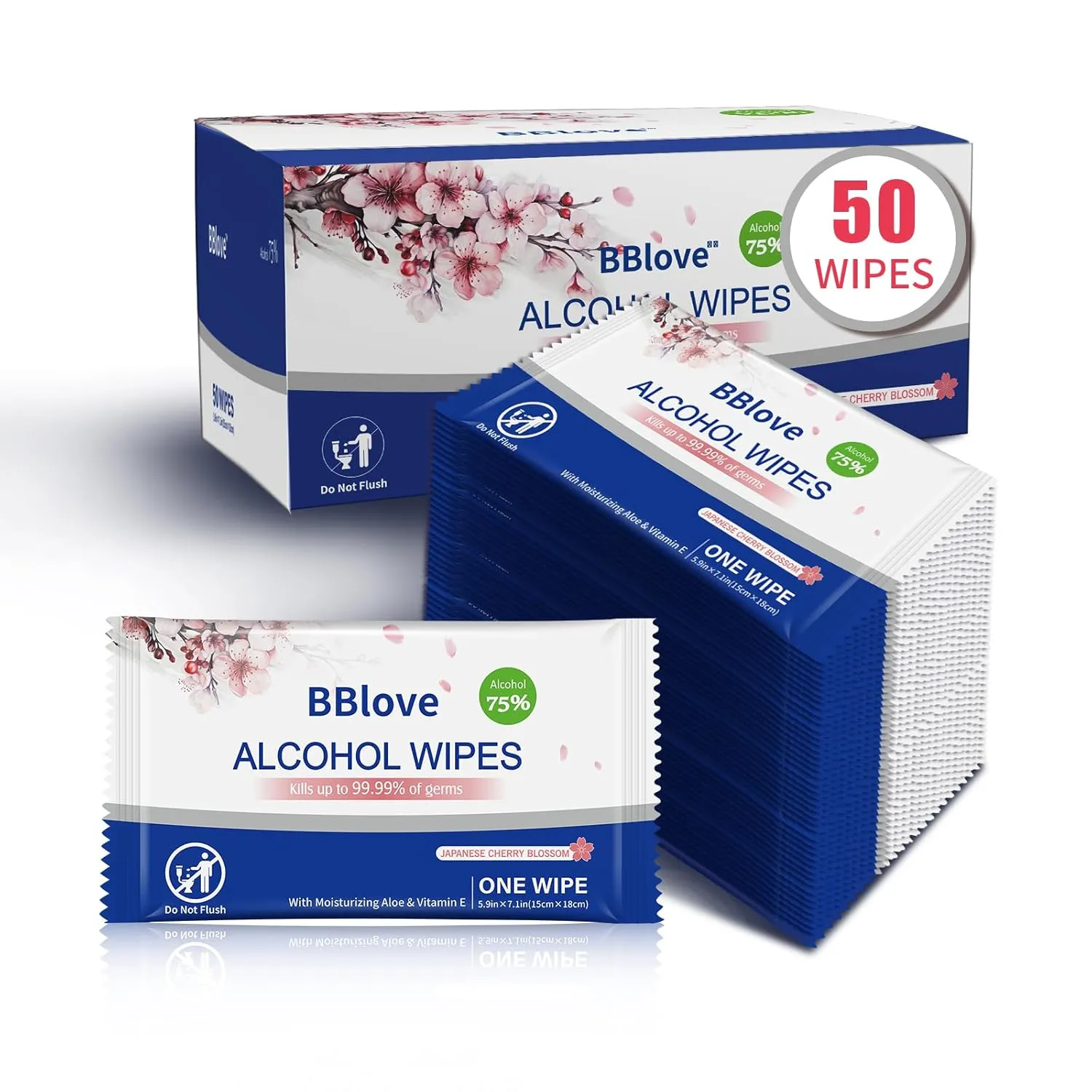 Portable 75% Alcohol Hand Sanitizer with Aloe Moisturizer & Vitamin E - On-the-Go All-Purpose Travel Wipes for Restaurant and Home Office Use (50 WIPES, Japanese Cherry Blossom)