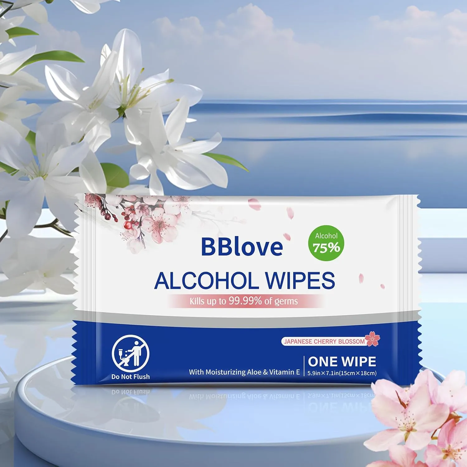 Portable 75% Alcohol Hand Sanitizer with Aloe Moisturizer & Vitamin E - On-the-Go All-Purpose Travel Wipes for Restaurant and Home Office Use (50 WIPES, Japanese Cherry Blossom)