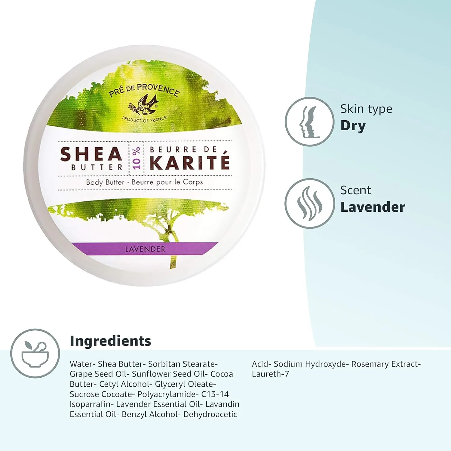 Pre de Provence Beurre De Karité Moisturizing Collection, Shea Butter Enriched Nourishing, Body Butter, 500 ML, Lavender