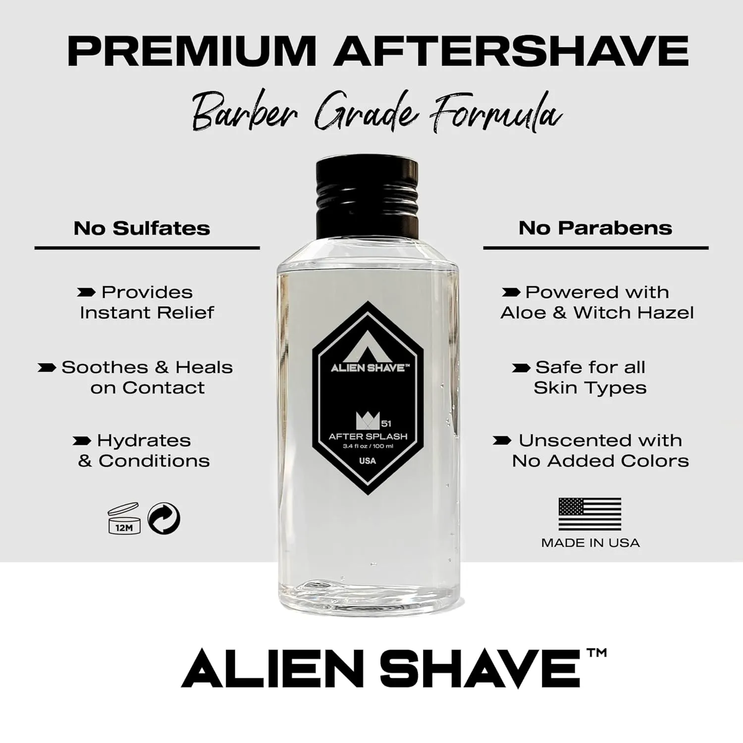 Premium Aftershave Splash for Men (Solar Zero). Powered with Aloe and Witch Hazel 3.4 oz (1-Pack)