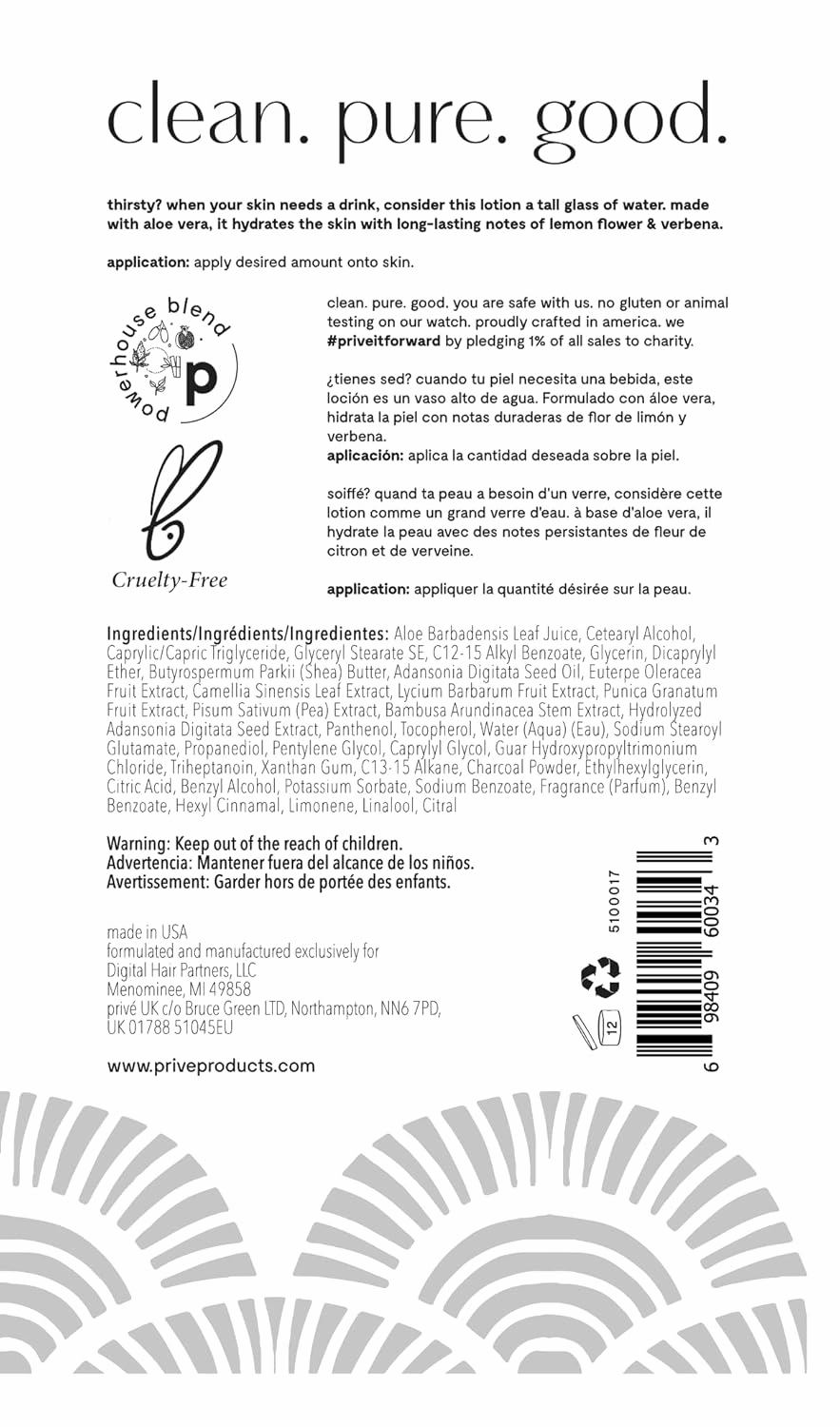 Privé Hand and Body Lotion for Women - Clean & Fresh Hand Cream & Body Moisturizer - Aloe & Shea Butter Deeply Hydrate Skin - Nourishes & Supports Elasticity - Lemon Verbena Scent (8 oz)