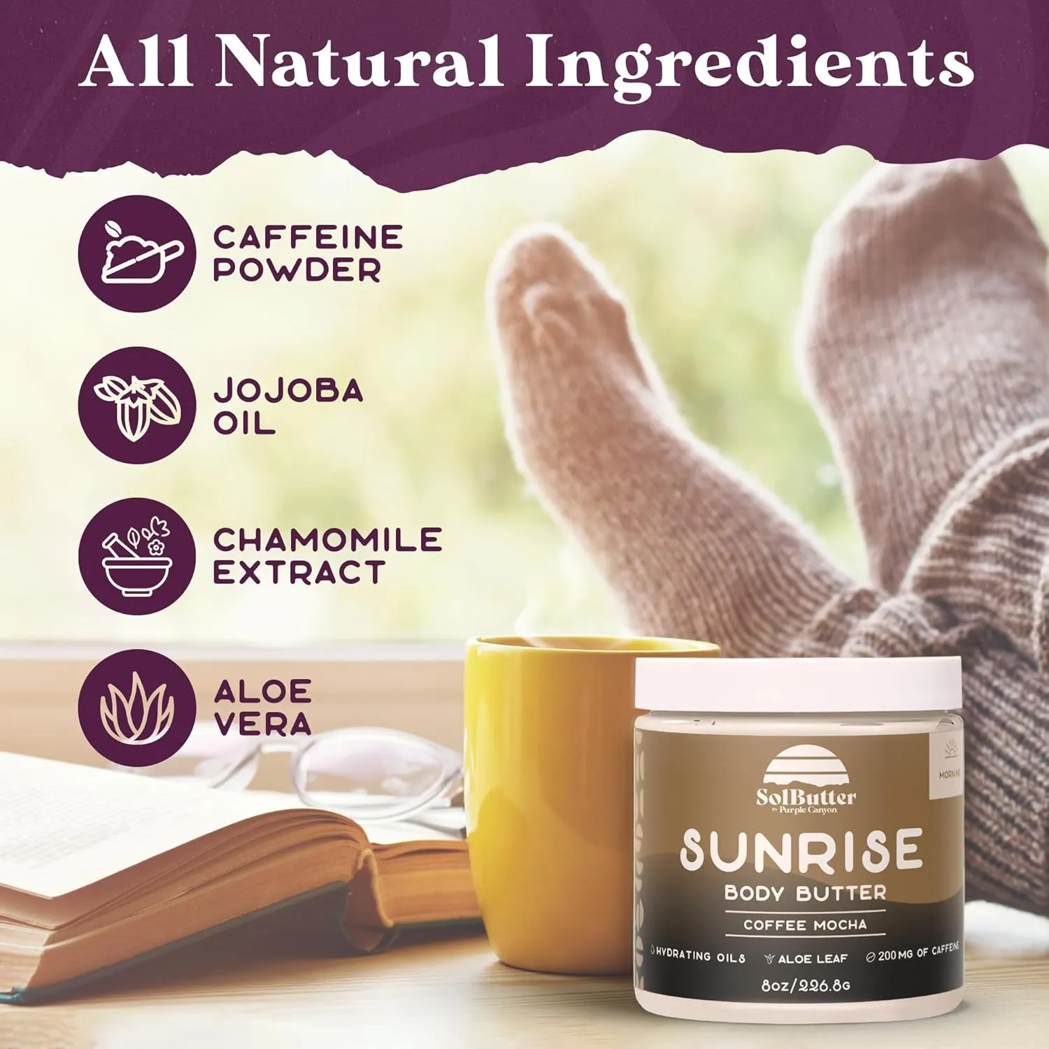 PURPLE CANYON Sunrise Whipped Body Butter 8oz | Coffee Mocha Lotion Infused with Jojoba Oil and Aloe Vera | Hydrating Skin Care Cream