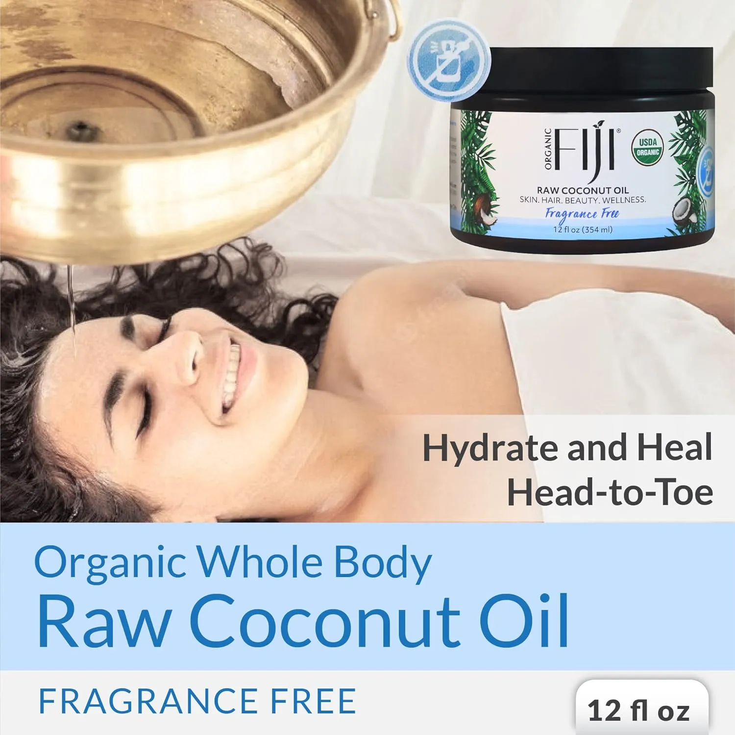 Raw Cold Pressed Coconut Oil for Hair, Skin, Face & Body | Relaxing Massage Oil | Fragrance Free, 12 oz for Women Men & Baby