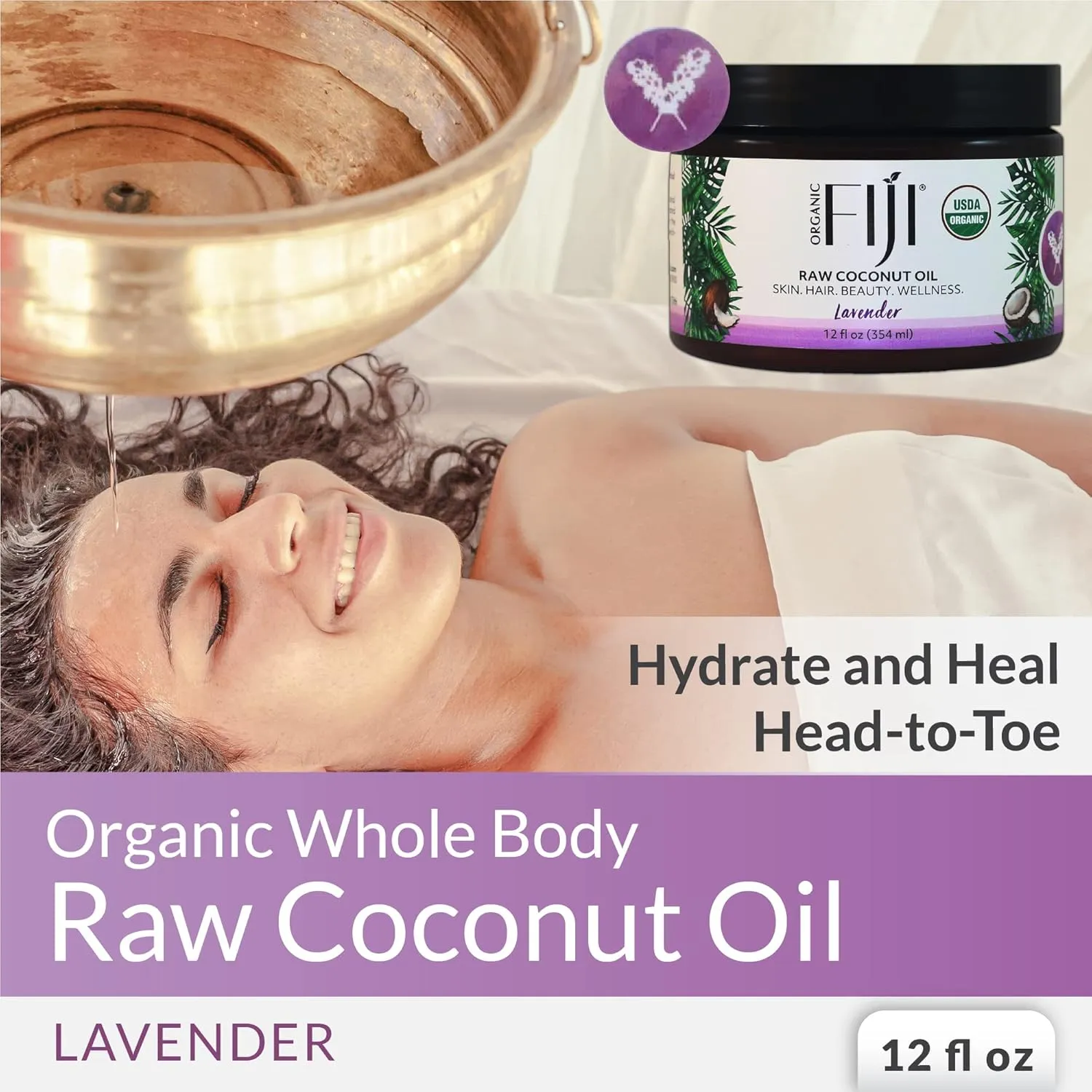 Raw Cold Pressed Coconut Oil for Hair, Skin, Face & Body | Relaxing Massage Oil | Lavender,12 oz for Women Men & Baby
