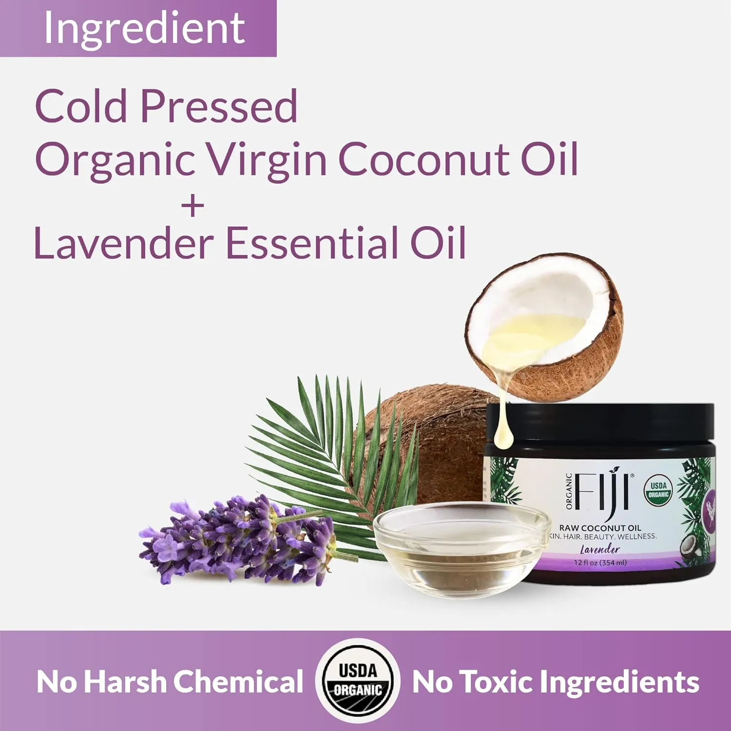 Raw Cold Pressed Coconut Oil for Hair, Skin, Face & Body | Relaxing Massage Oil | Lavender,12 oz for Women Men & Baby