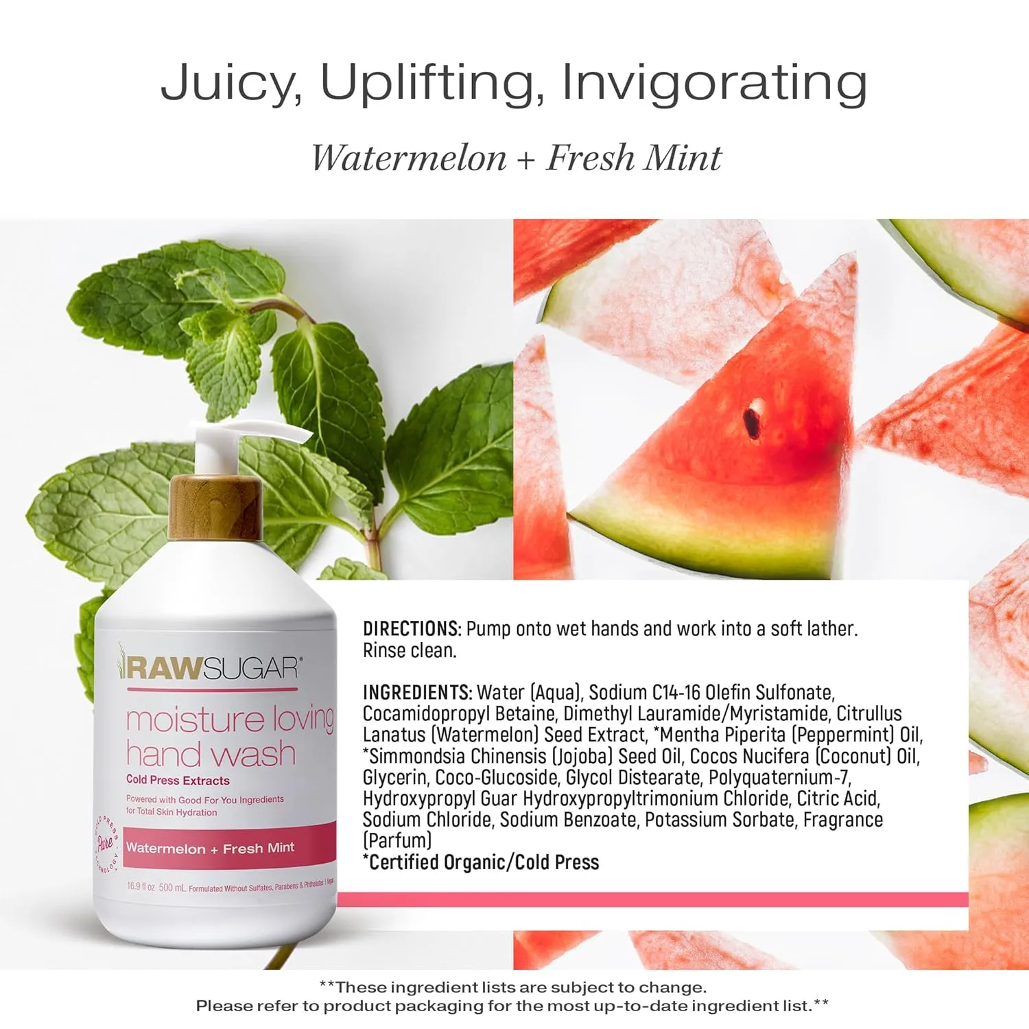 RAW SUGAR Moisture Loving Hand Wash, 16.9 Fl Oz (Pack of 3) Watermelon   Fresh Mint Liquid Hand Soap for Kitchen or Bathroom, Cleanses & Refreshes Hands, Formulated without Sulfates & Parabens