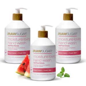 RAW SUGAR Moisture Loving Hand Wash, 16.9 Fl Oz (Pack of 3) Watermelon   Fresh Mint Liquid Hand Soap for Kitchen or Bathroom, Cleanses & Refreshes Hands, Formulated without Sulfates & Parabens