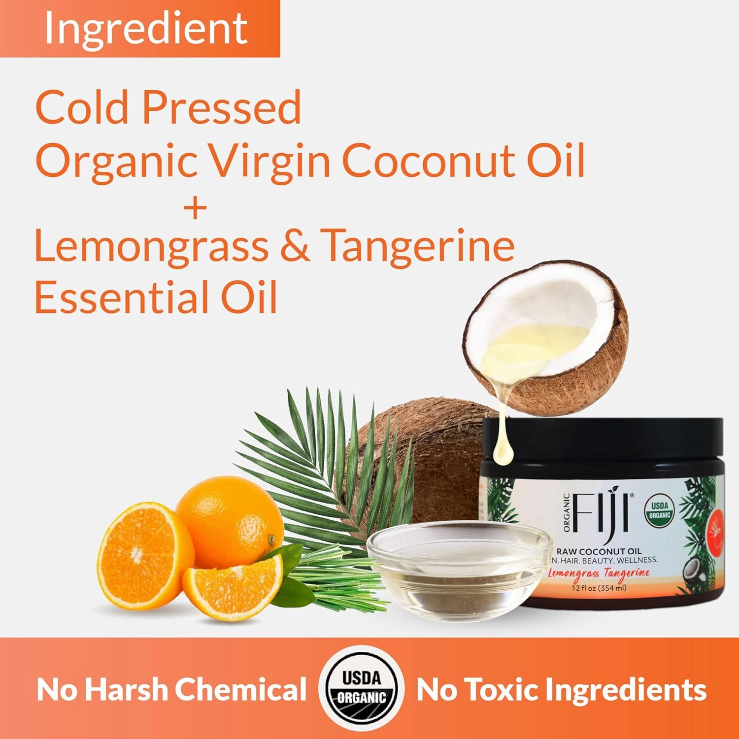 Raw Cold Pressed Coconut Oil for Hair, Skin, Face & Body | Relaxing Massage Oil | Lemongrass Tangerine,12 oz for Women Men & Baby