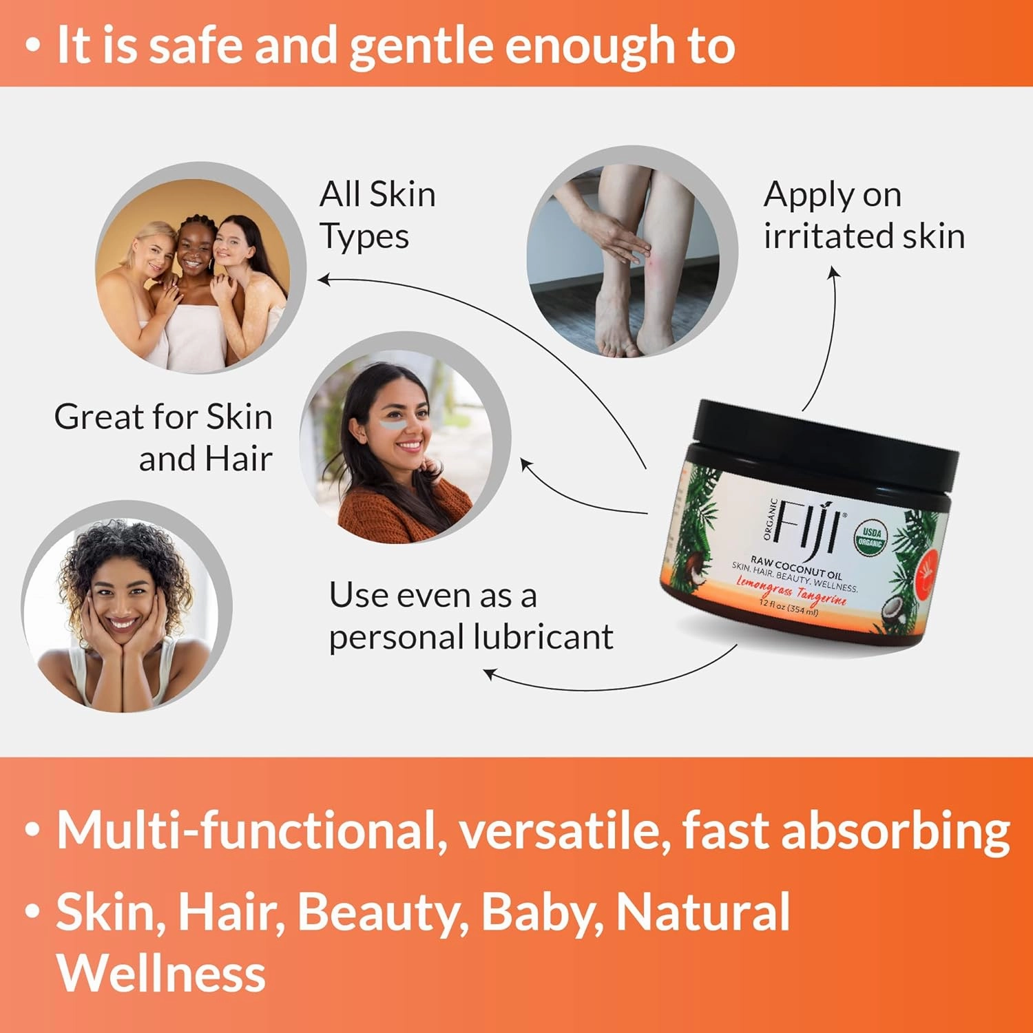 Raw Cold Pressed Coconut Oil for Hair, Skin, Face & Body | Relaxing Massage Oil | Lemongrass Tangerine,12 oz for Women Men & Baby