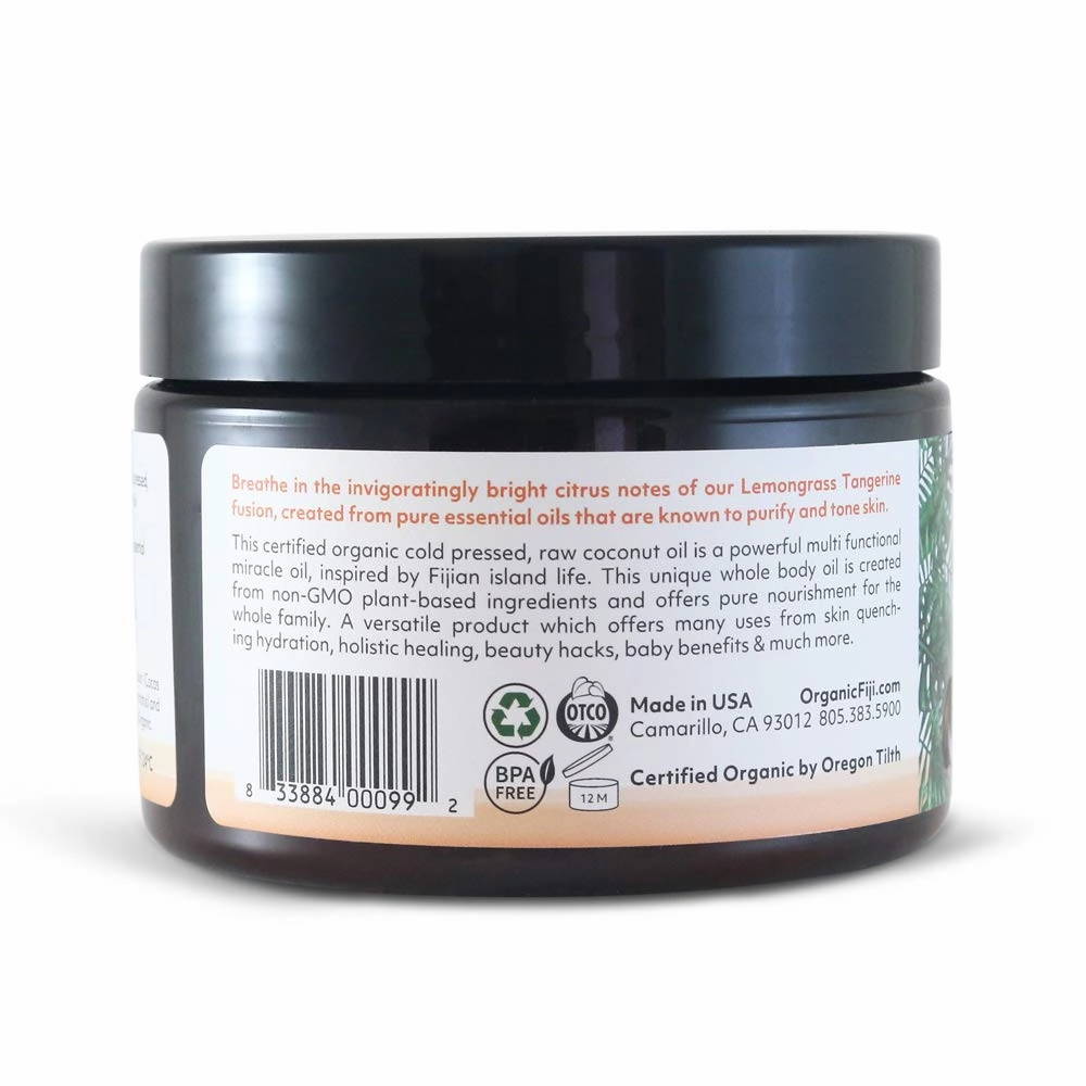 Raw Cold Pressed Coconut Oil for Hair, Skin, Face & Body | Relaxing Massage Oil | Lemongrass Tangerine,12 oz for Women Men & Baby