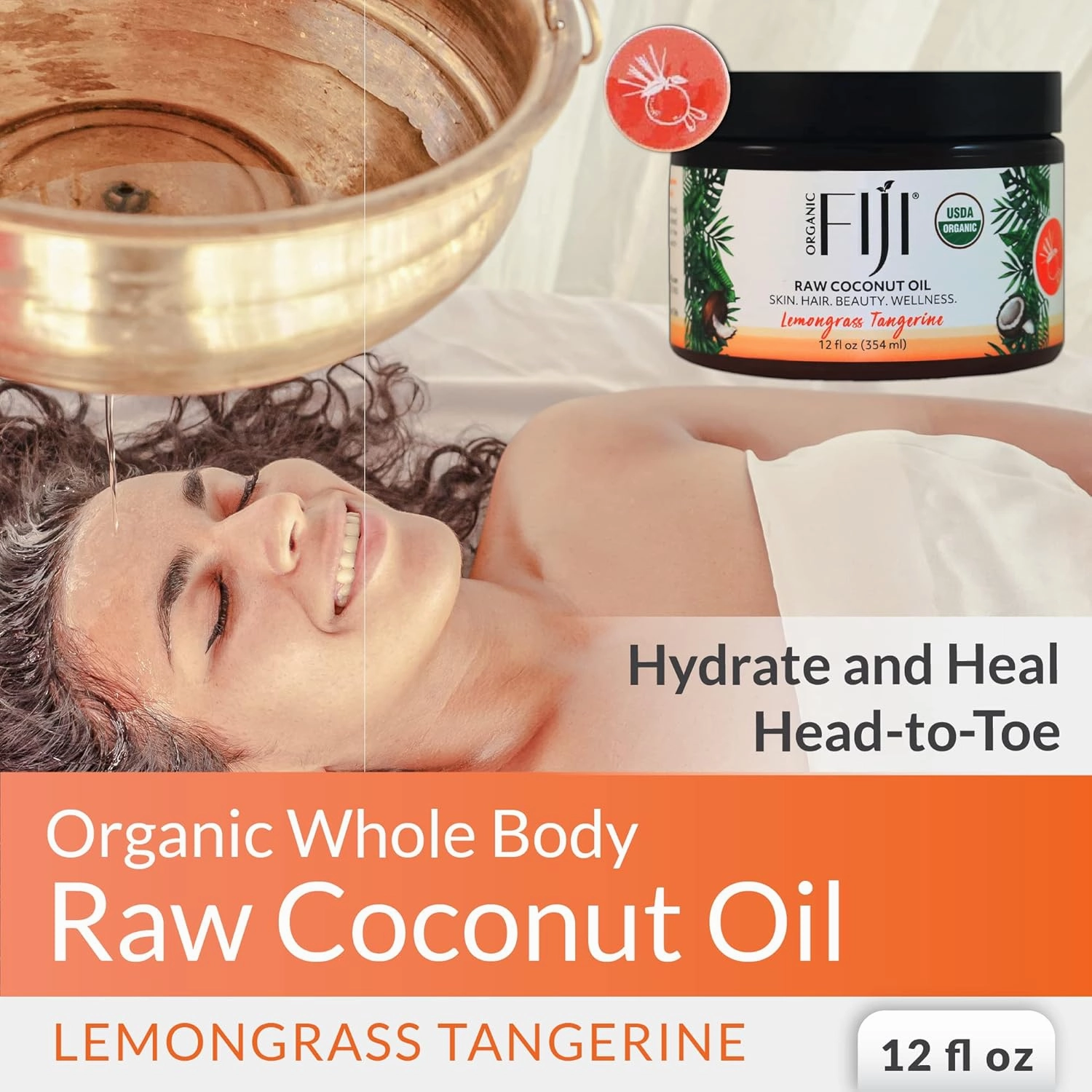 Raw Cold Pressed Coconut Oil for Hair, Skin, Face & Body | Relaxing Massage Oil | Lemongrass Tangerine,12 oz for Women Men & Baby