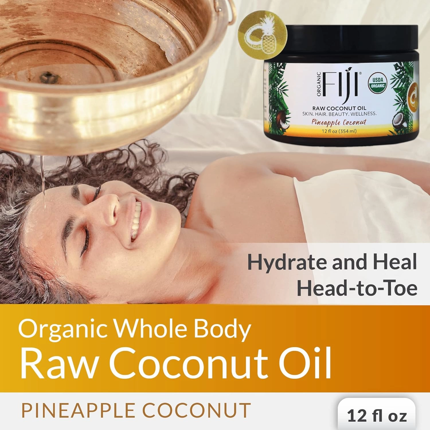 Raw Cold Pressed Coconut Oil for Hair, Skin, Face & Body | Relaxing Massage Oil | Pineapple Coconut,12 oz for Women Men & Baby