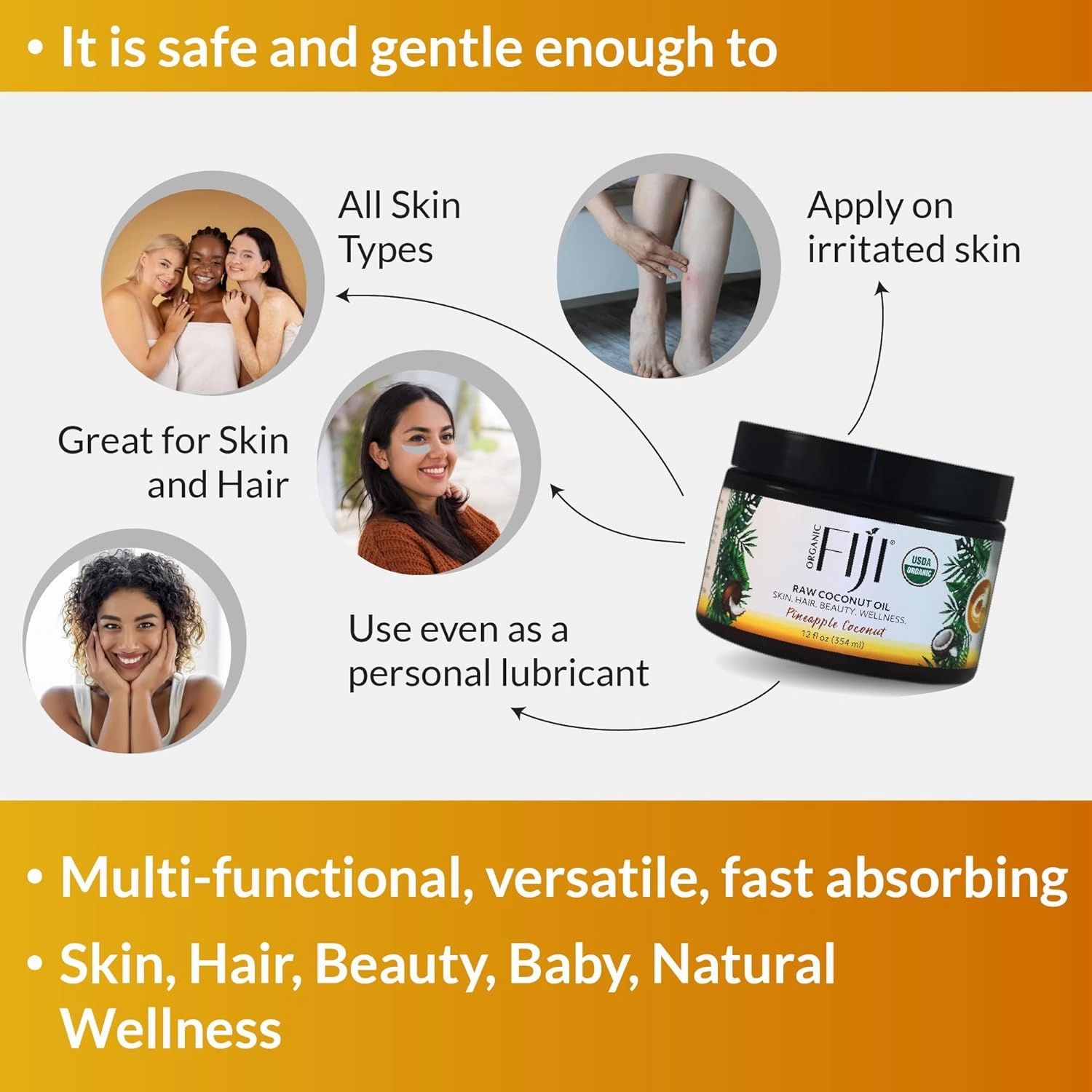 Raw Cold Pressed Coconut Oil for Hair, Skin, Face & Body | Relaxing Massage Oil | Pineapple Coconut,12 oz for Women Men & Baby