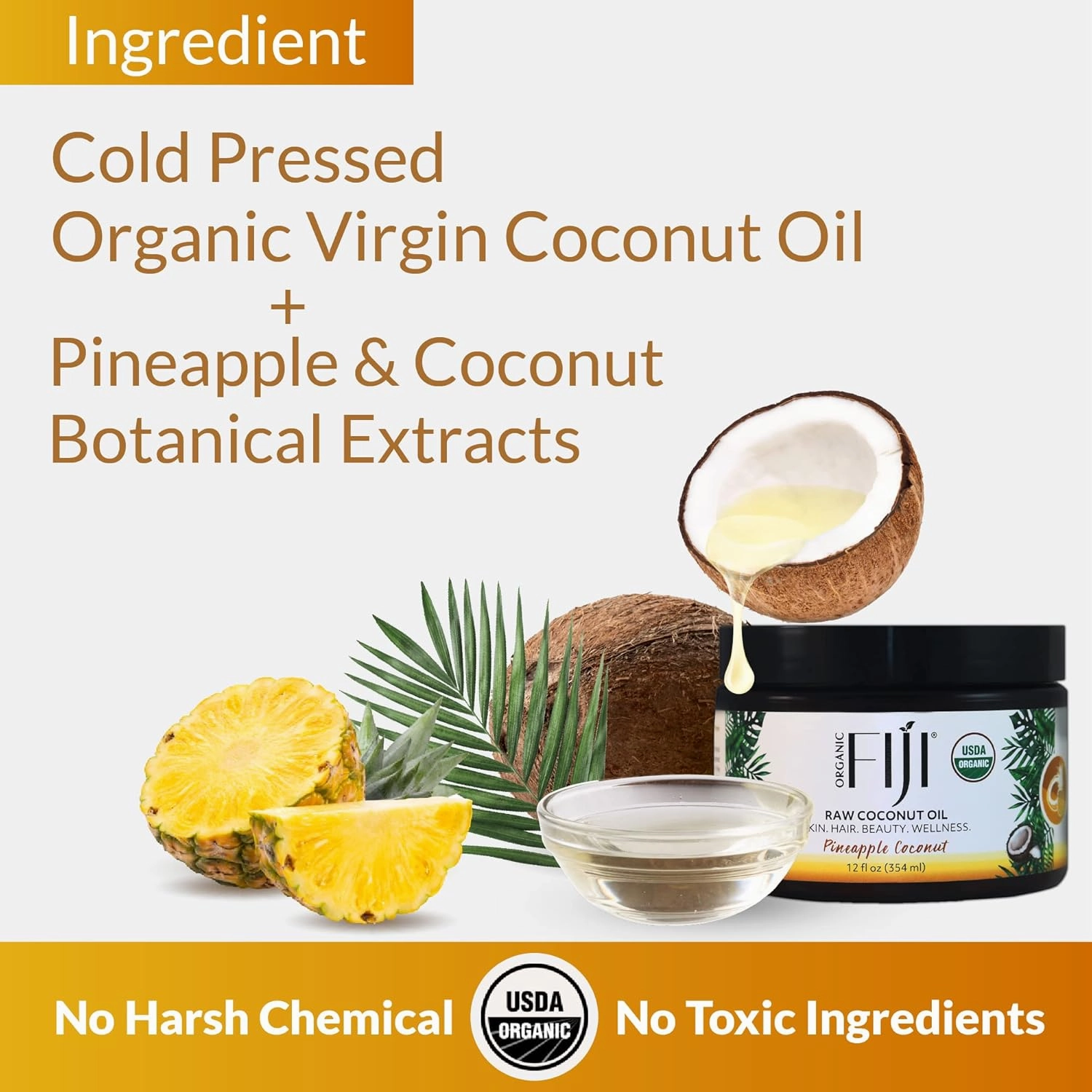 Raw Cold Pressed Coconut Oil for Hair, Skin, Face & Body | Relaxing Massage Oil | Pineapple Coconut,12 oz for Women Men & Baby