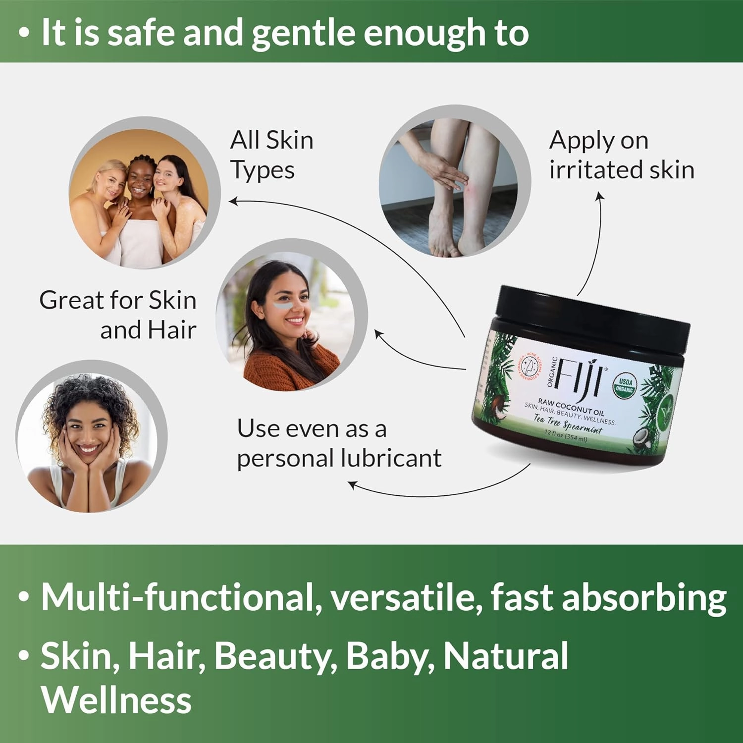 Raw Cold Pressed Coconut Oil for Hair, Skin, Face & Body | Relaxing Massage Oil | Tea Tree Spearmint,12 oz for Women Men & Baby