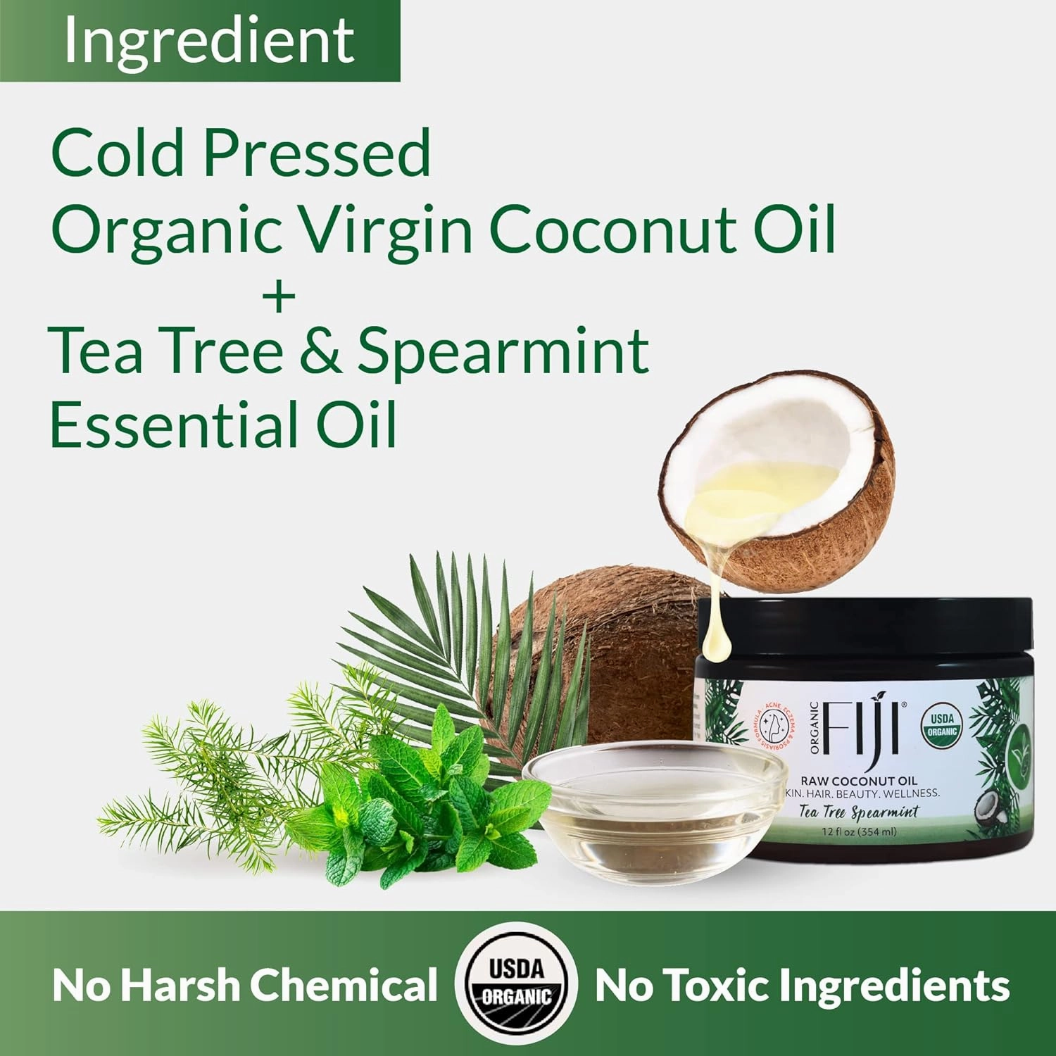 Raw Cold Pressed Coconut Oil for Hair, Skin, Face & Body | Relaxing Massage Oil | Tea Tree Spearmint,12 oz for Women Men & Baby