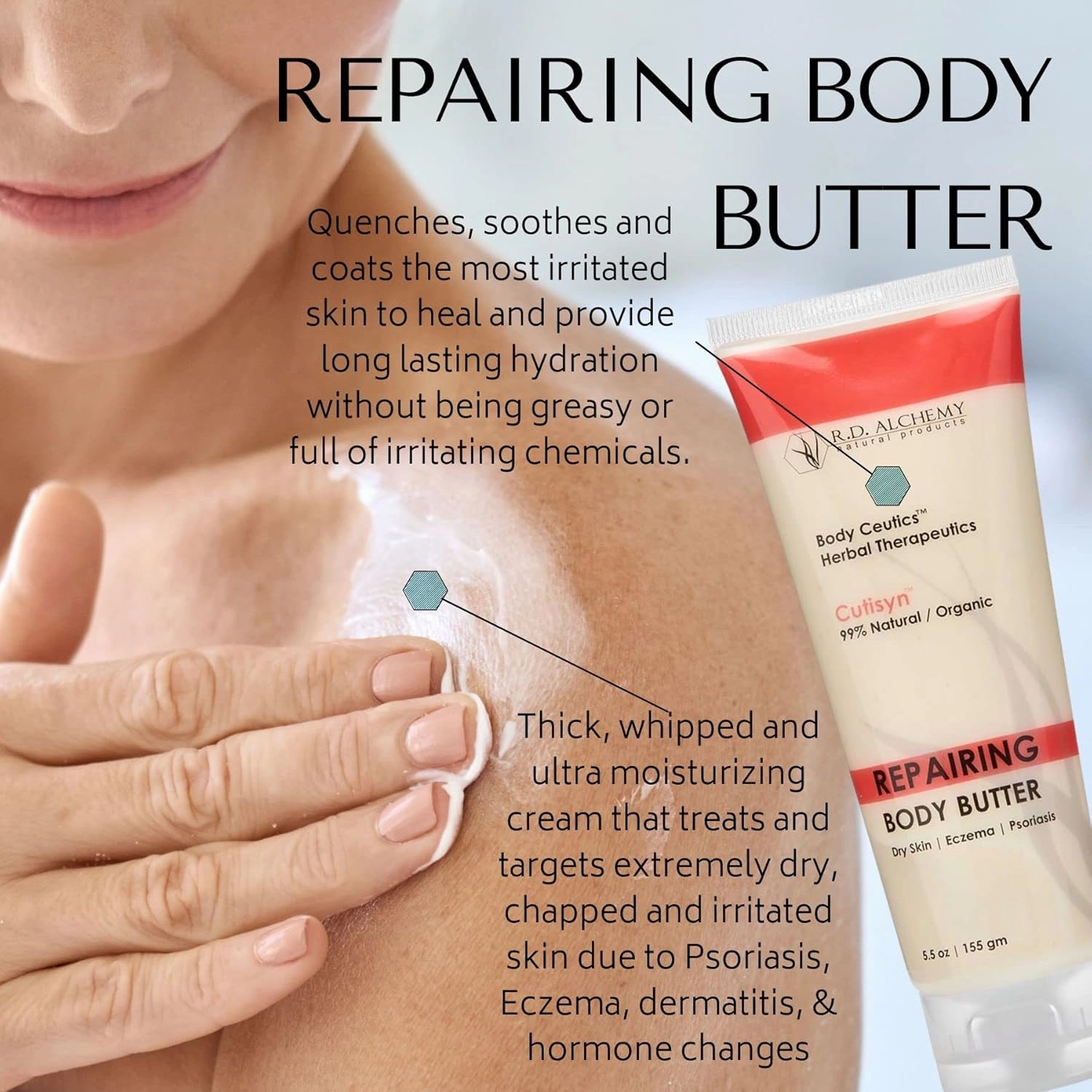 RD Alchemy - 99% Natural & Organic Repairing Body Butter for Severely Dry Damaged Skin. Supportive Herbal Extracts Hyaluronic Acid   Organic Oil Blend Soothe and Moisturize