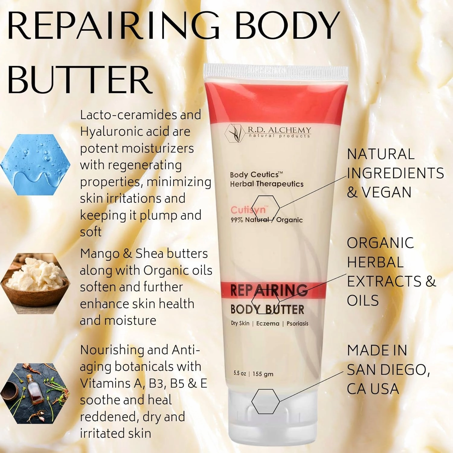 RD Alchemy - 99% Natural & Organic Repairing Body Butter for Severely Dry Damaged Skin. Supportive Herbal Extracts Hyaluronic Acid   Organic Oil Blend Soothe and Moisturize