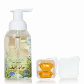 renew bath   body Foaming Hand Soap Kit (SEA Design) with 3 hand soap refills and zero waste reusable glass bottle - natural soap - vegan - cruelty free - made in the USA - Gardenia & Lemon Scent