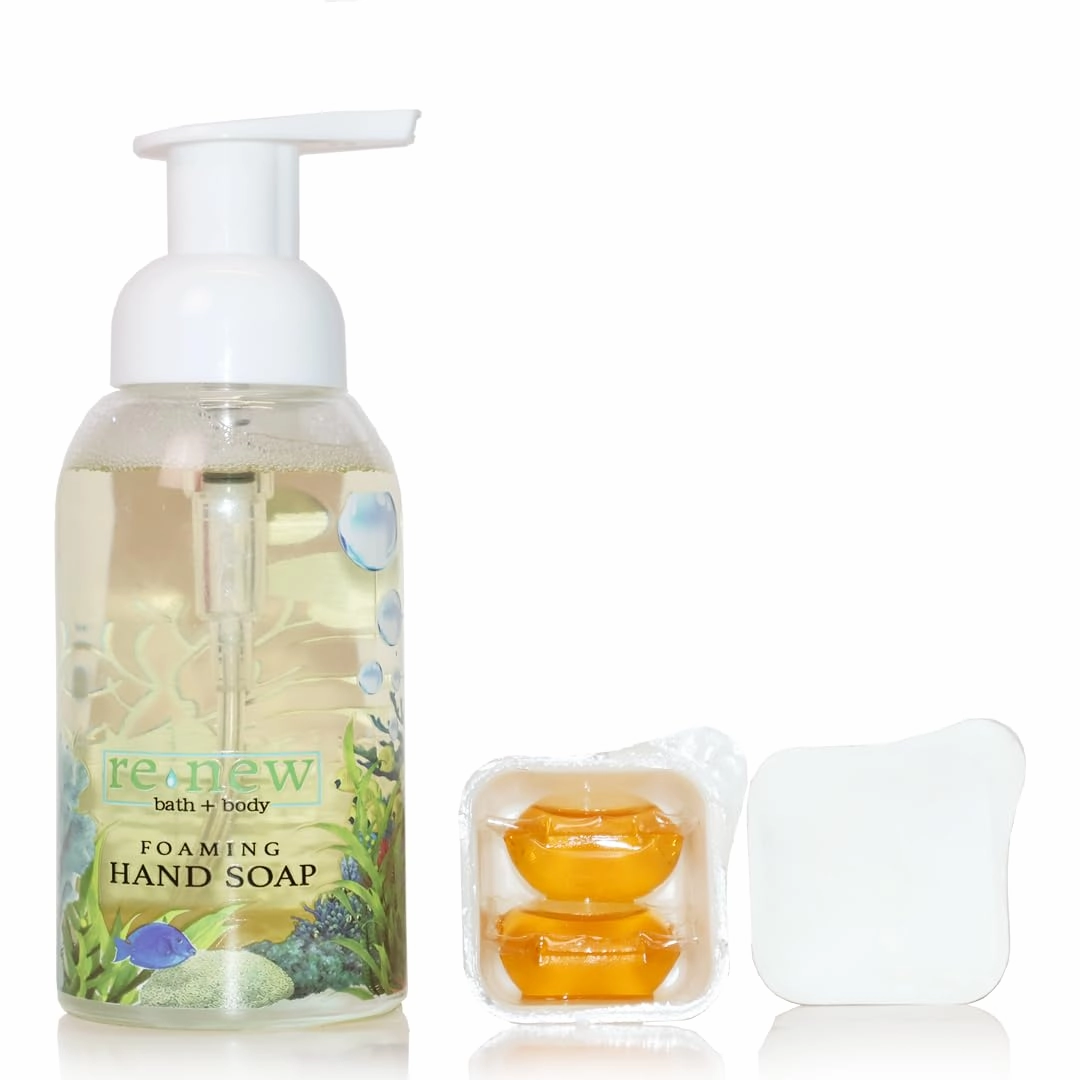 renew bath   body Foaming Hand Soap Kit (SEA Design) with 3 hand soap refills and zero waste reusable glass bottle - natural soap - vegan - cruelty free - made in the USA - Gardenia & Lemon Scent