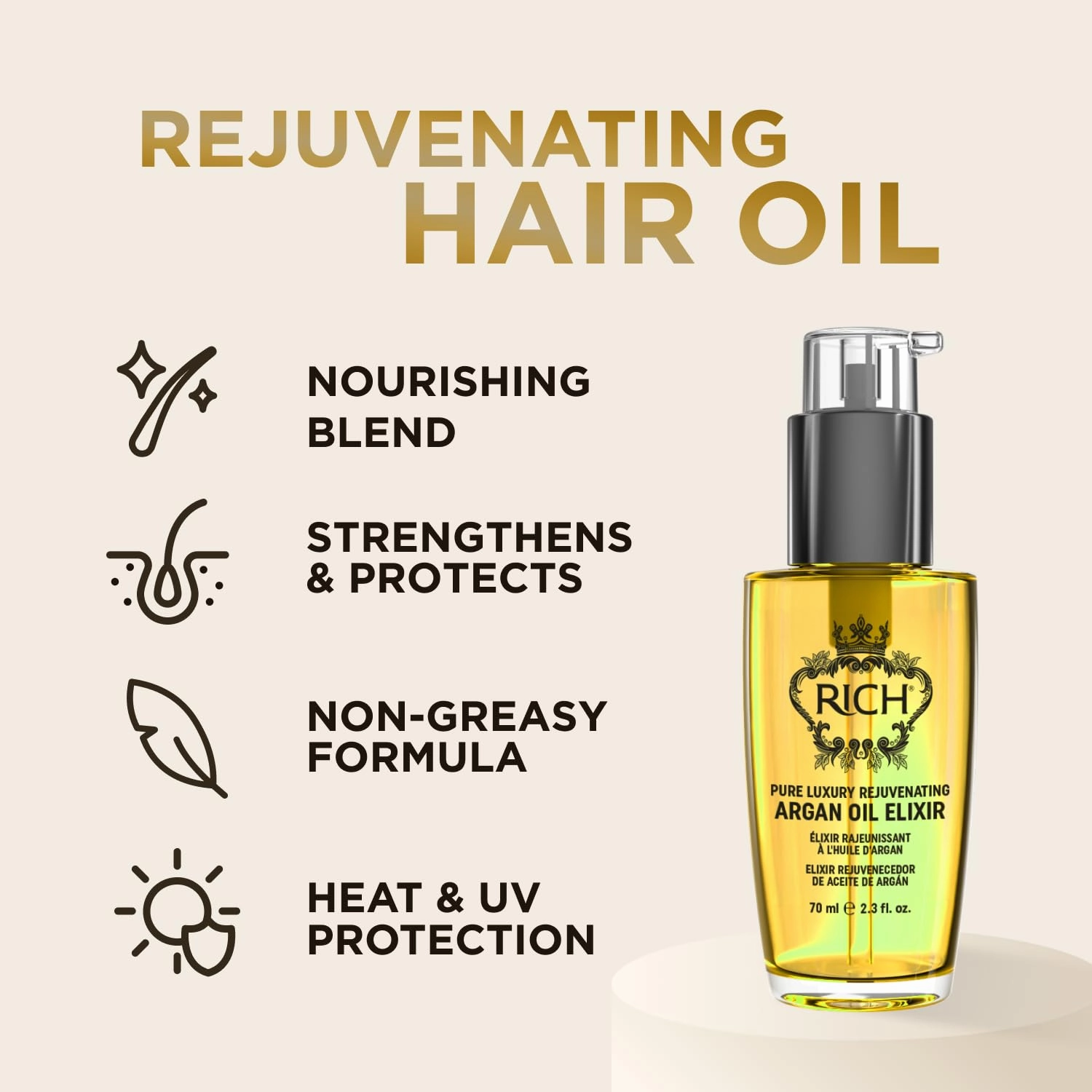 RICH Pure Luxury Rejuvenating Hair Argan Oil Elixir for All Hair Types - Repair for Dry and Damaged Hair - Enriched with Argan Oil, Sweet Almond Oil, Omega 6 & 9 - Heat Protective - 2.3 Oz