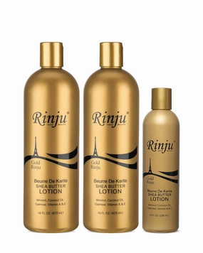 Rinju Gold Shea Butter Lotion 16 oz. (2 Pack) with a Gold 8 oz. - Vitamin E & A - Body & Hand Lotion for All Skin Types