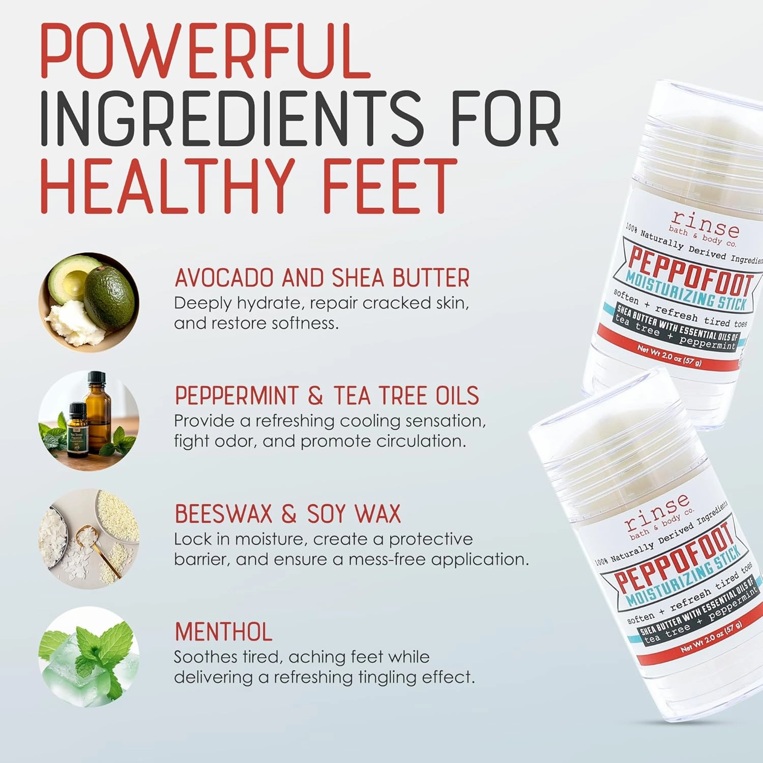 Rinse Bath & Body Peppofoot Heel Balm Stick - Handmade Heel Balm for Dry Cracked Feet with Peppermint and Tea Tree Oils | Ultra Moisturizing | No Mess Cracked Heel Stick | All Natural | 2oz