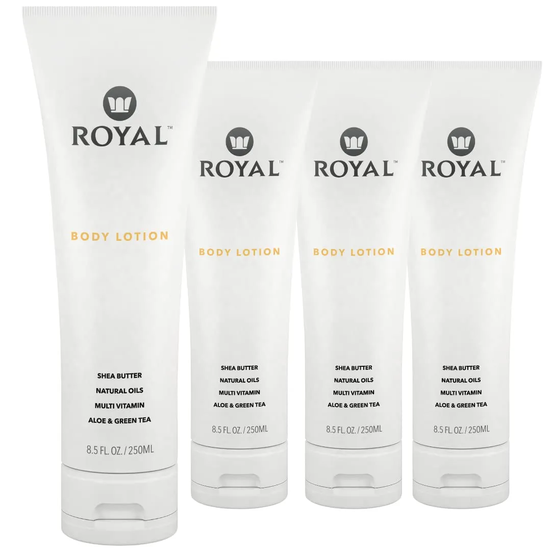 Royal Premium Natural Body Lotion - Face, Hand, Skin Moisturizer Cream - Soothing, Shea Butter, Aloe Vera, Essential Oils, Vitamin E, Green Tea Extract - Non-Greasy, Organic, Vegan 8.5 fl oz. (Pack of 4)