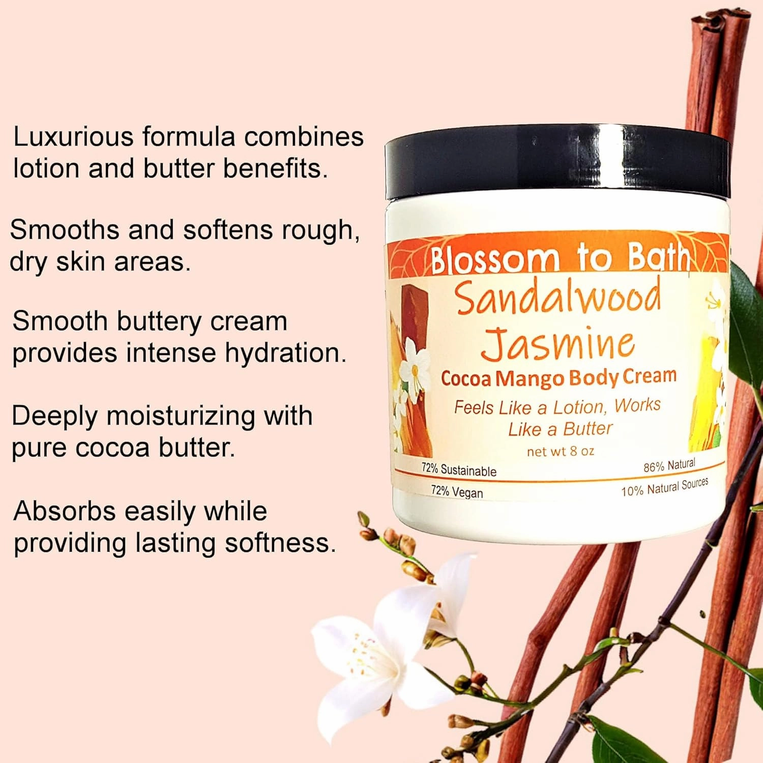 Sandalwood Jasmine Cocoa Mango Body Cream (8 Ounce) - Natural Fragrance - Feels Like A Lotion And Works Like A Butter with a Stirring Earthy Floral Scent