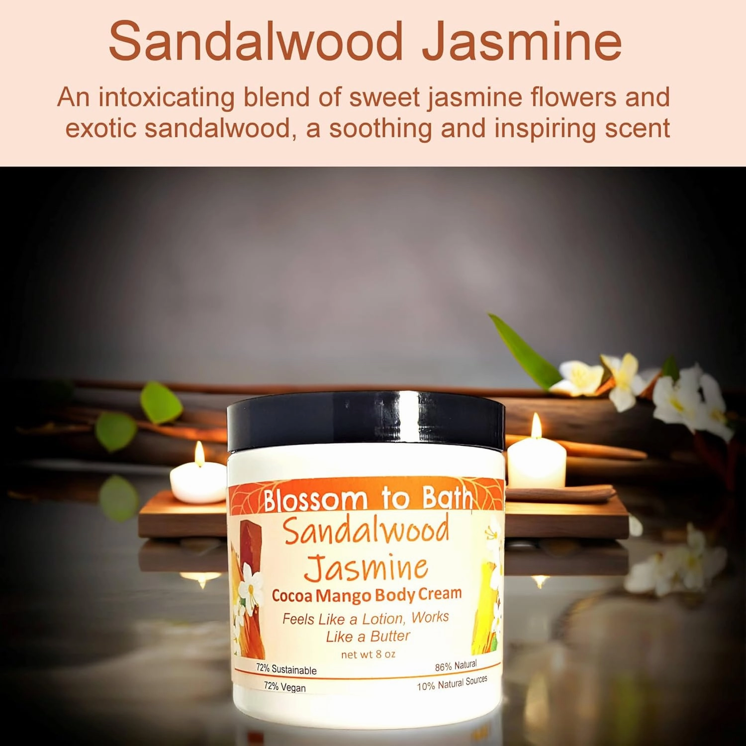 Sandalwood Jasmine Cocoa Mango Body Cream (8 Ounce) - Natural Fragrance - Feels Like A Lotion And Works Like A Butter with a Stirring Earthy Floral Scent