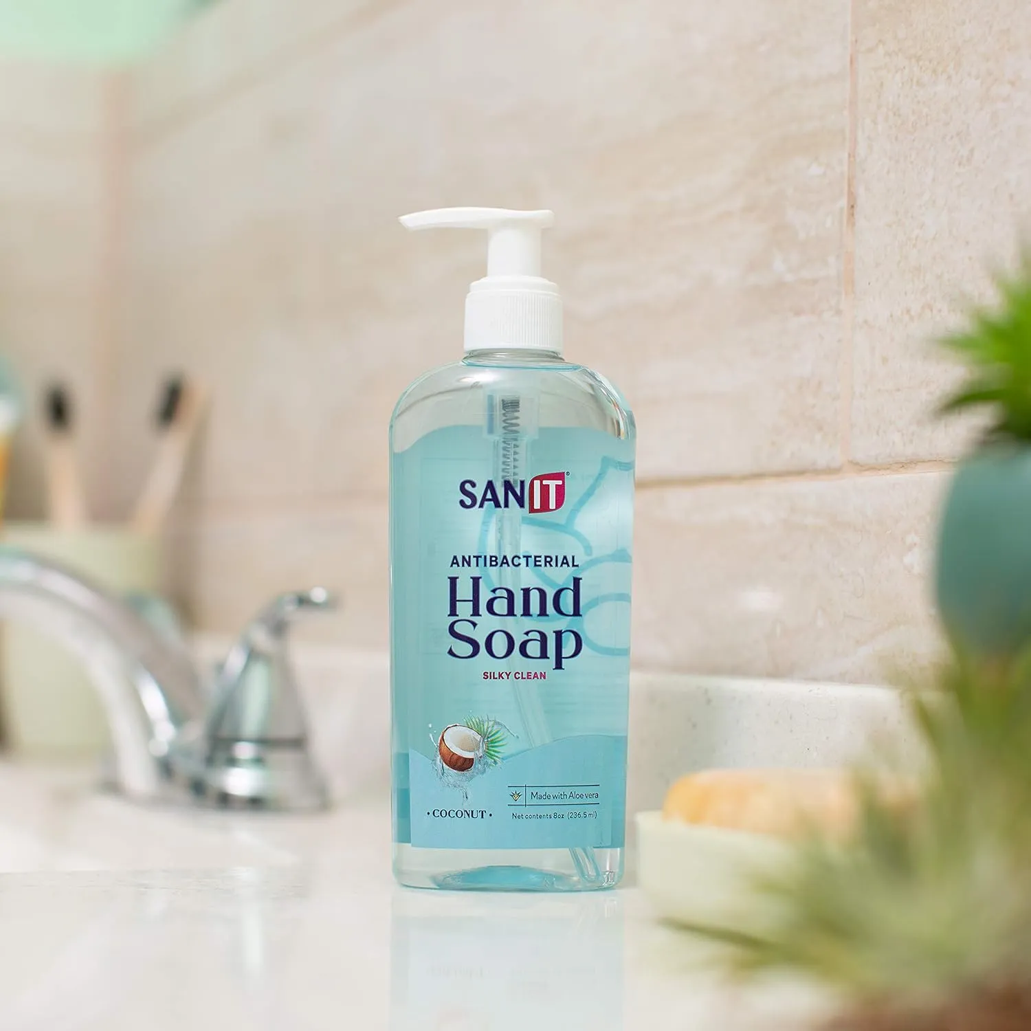 Sanit Silky Clean Antibacterial Liquid Gel Aromatic Hand Soap - Advanced Formula with Coconut Oil and Aloe Vera - Natural Moisturizing Hand Wash - Made in USA, Coconut, 8 oz, 3 Pack