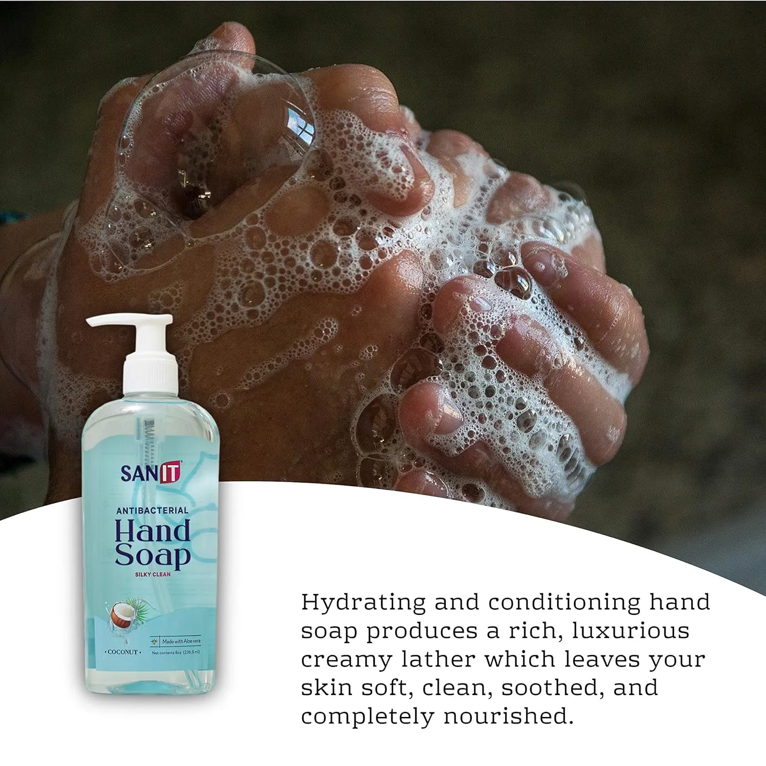 Sanit Silky Clean Antibacterial Liquid Gel Aromatic Hand Soap - Advanced Formula with Coconut Oil and Aloe Vera - Natural Moisturizing Hand Wash - Made in USA, Coconut, 8 oz, 3 Pack
