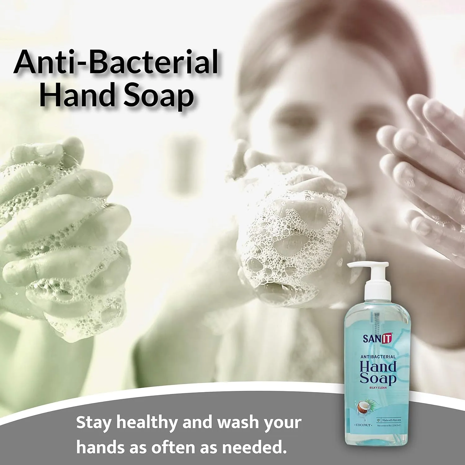 Sanit Silky Clean Antibacterial Liquid Gel Aromatic Hand Soap - Advanced Formula with Coconut Oil and Aloe Vera - Natural Moisturizing Hand Wash - Made in USA, Coconut, 8 oz, 3 Pack
