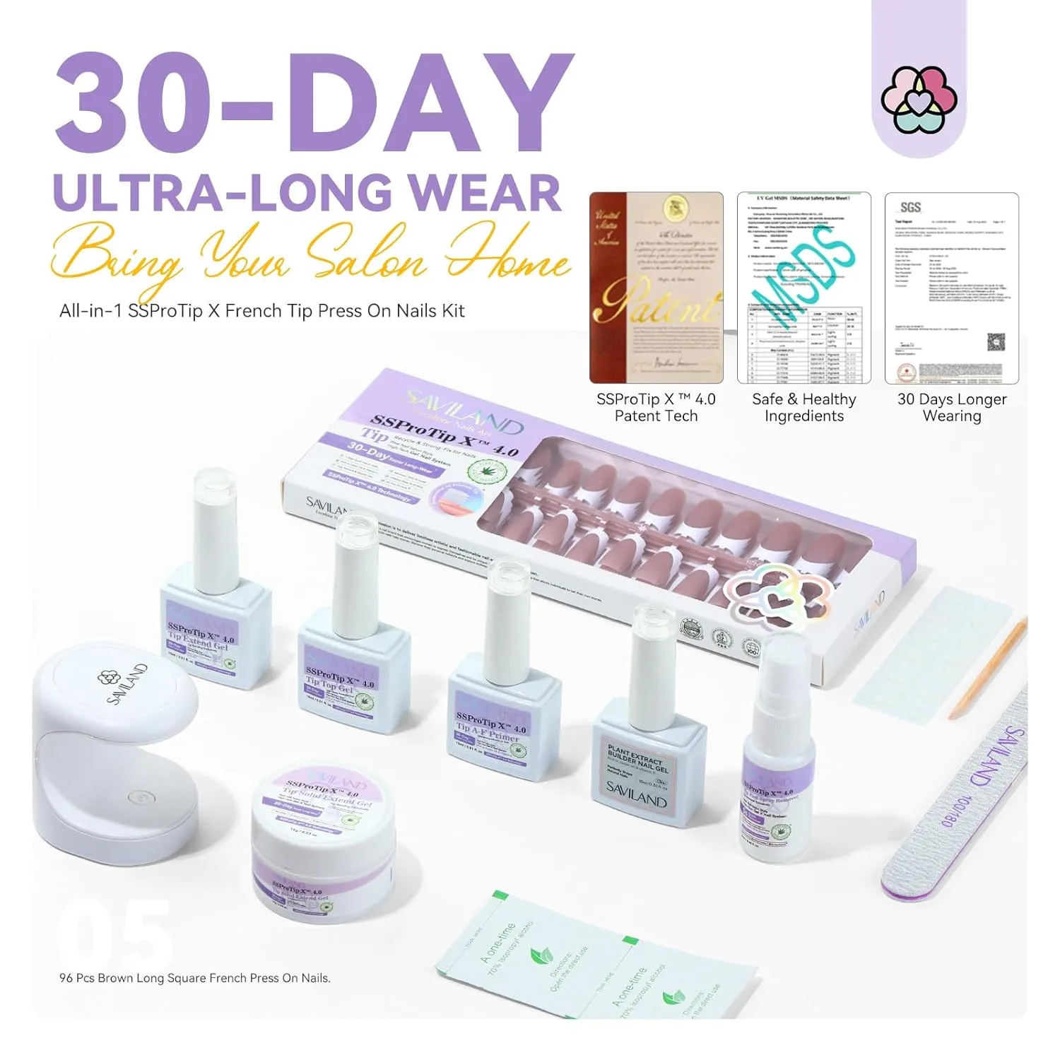 SAVILAND Press On Nails For Women: Gel Nail Kit Soft Gel Long Square Press Ons Nude Fake Nails 16 Sizes Long Lasting with Solid Nail Glue and Remover Bond Primer Builder Gels U V Lamp Tool