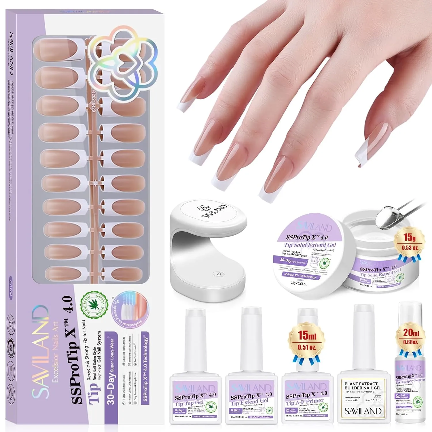 SAVILAND Press On Nails For Women: Gel Nail Kit Soft Gel Long Square Press Ons Nude Fake Nails 16 Sizes Long Lasting with Solid Nail Glue and Remover Bond Primer Builder Gels U V Lamp Tool