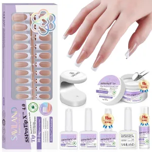 SAVILAND Press On Nails For Women: Gel Nail Kit Soft Gel Long Square Press Ons Nude Fake Nails 16 Sizes Long Lasting with Solid Nail Glue and Remover Bond Primer Builder Gels U V Lamp Tool