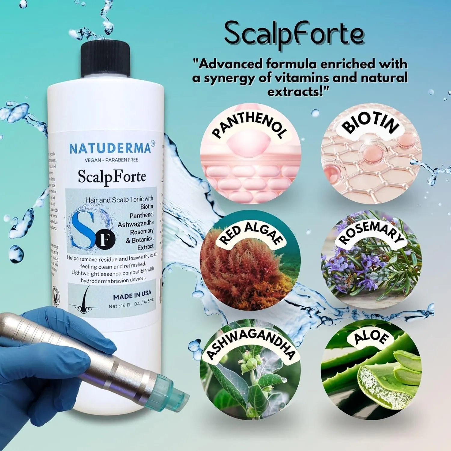 Scalpforte Hair and Scalp Tonic with Biotin & Panthenol for Thicker-Looking Hair, Serum for Hydrodermabrasion Machine to Cleanse, Hydrate and Moisturize the Scalp (16 Oz)