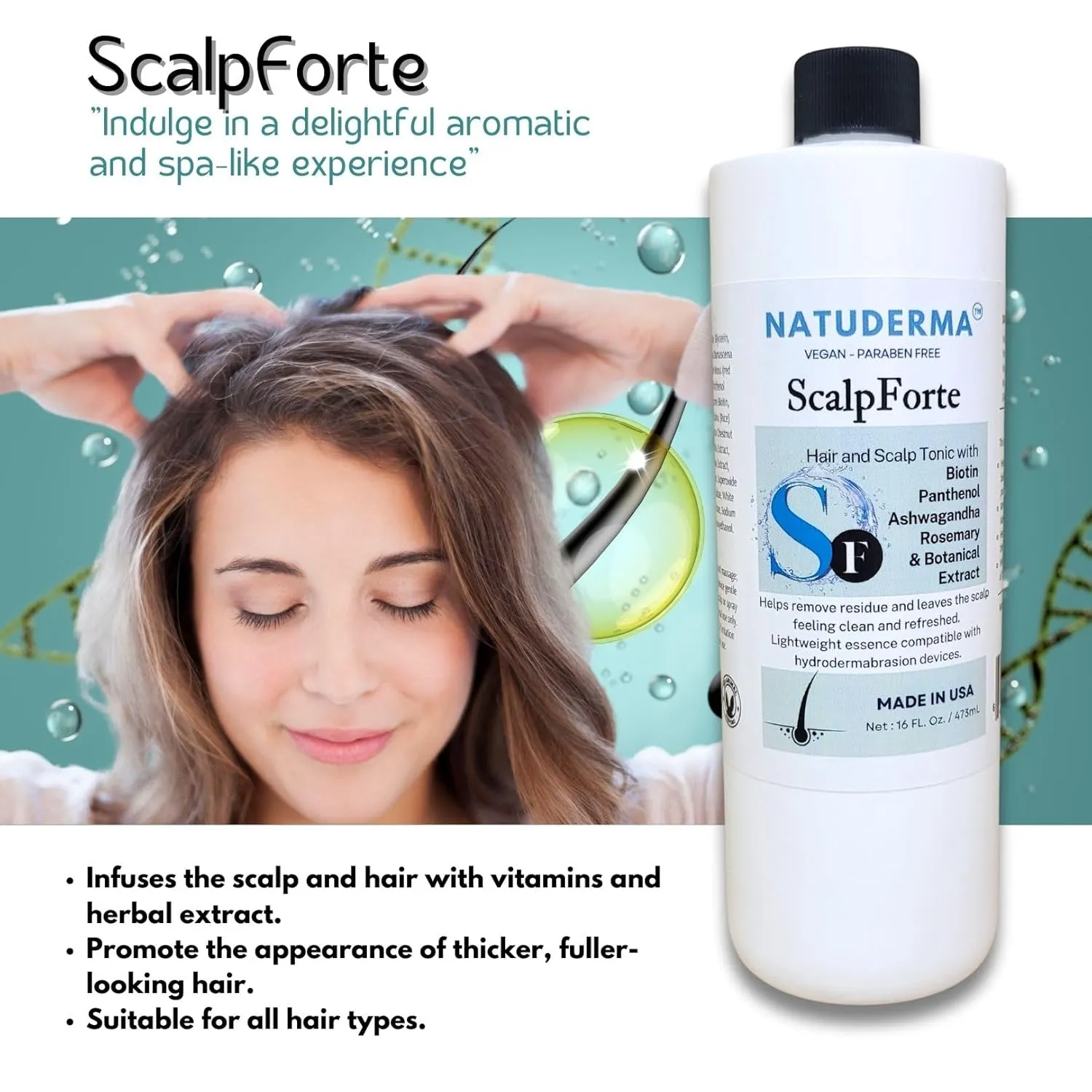 Scalpforte Hair and Scalp Tonic with Biotin & Panthenol for Thicker-Looking Hair, Serum for Hydrodermabrasion Machine to Cleanse, Hydrate and Moisturize the Scalp (16 Oz)
